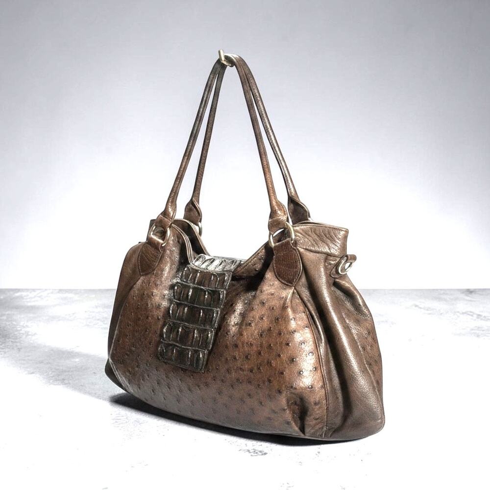 Burns 1876 Brown Full-Quill Ostrich & Caiman Exotic Leather Oversized Handbag